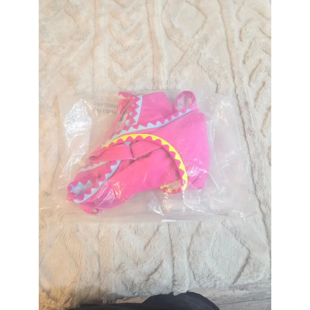 Girls Pink Ribbed One Piece Swimsuit Ric Rac Trim Adjustable Straps Size 11-12Y